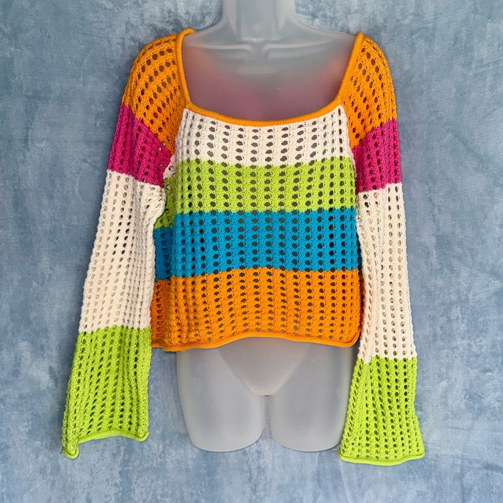 NWOT Wild Fable open crochet neon square neck pullover sweater, flared sleeves